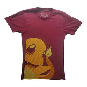 Filthy Casual Men Small Pokemon Charmander Graphic T Shirt Burgundy Short Sleeve